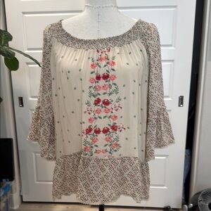 Boho Blouse with Red floral  Accents